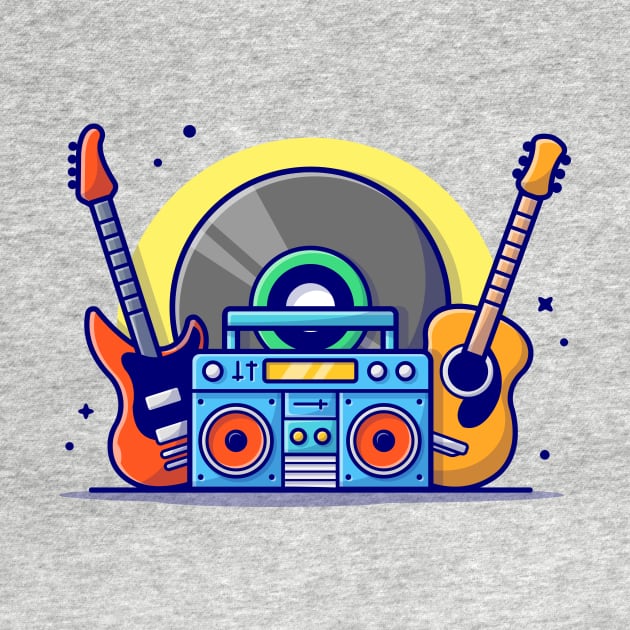 Music Instrument Concert Perform with Guitar, Boombox and Big Vinyl Music Cartoon Vector Icon Illustration by Catalyst Labs